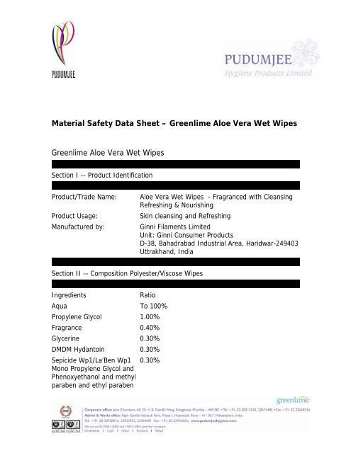 MSDS Aloe vera wet wipes PHPL - Pudumjee Hygiene Solutions