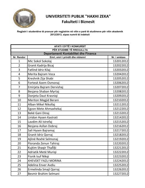 Sipas Numri te indeksit 2012-2013 1111.xlsx - Universiteti Publik ...