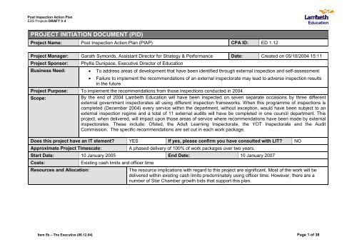 PROJECT INITIATION DOCUMENT PID Lambeth Council