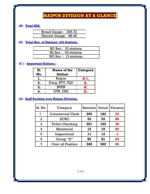 RAIPUR DIVISION AT A GLANCE - Indian Railway