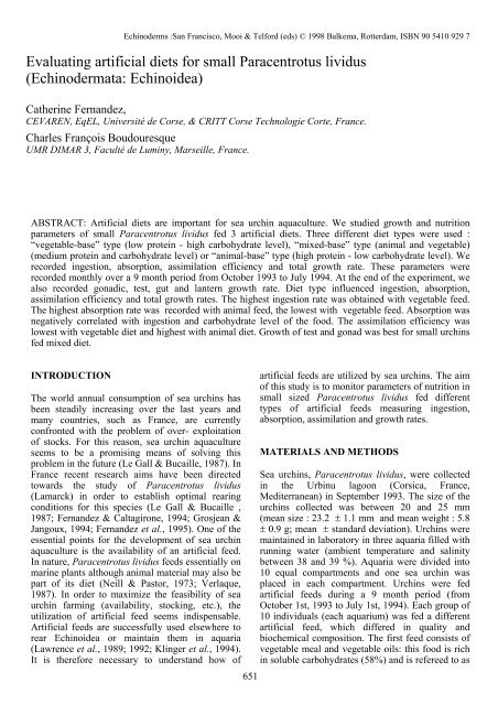 Evaluating artificial diets for small Paracentrotus lividus - Centre d ...