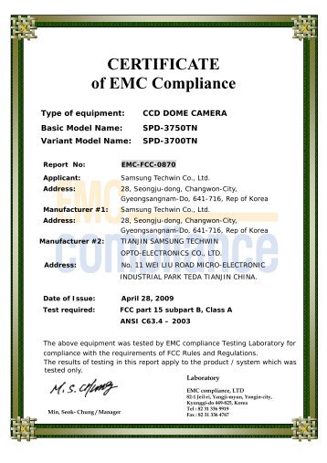 CERTIFICATE of EMC Compliance - Samsung CCTV