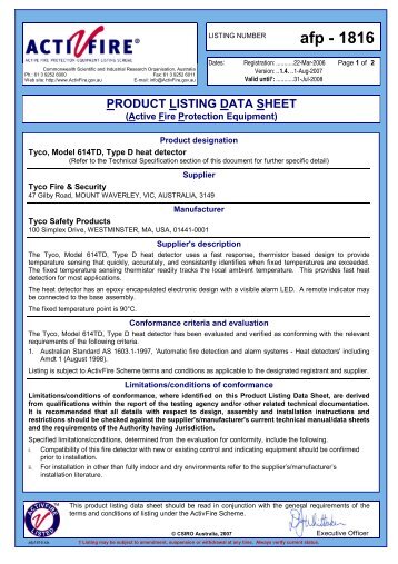 afp - 1816: Tyco, Model 614TD, Type D heat detector - Simplex Fire ...