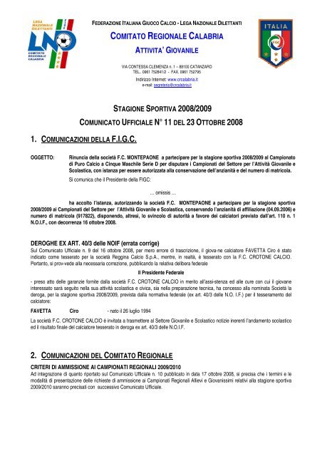 STAGIONE SPORTIVA 2008/2009 Comitato Regionale Calabria