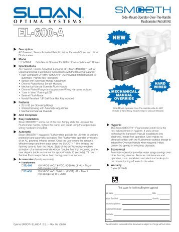 Optima SMOOTH EL-600-A Specification - Sloan Valve Company