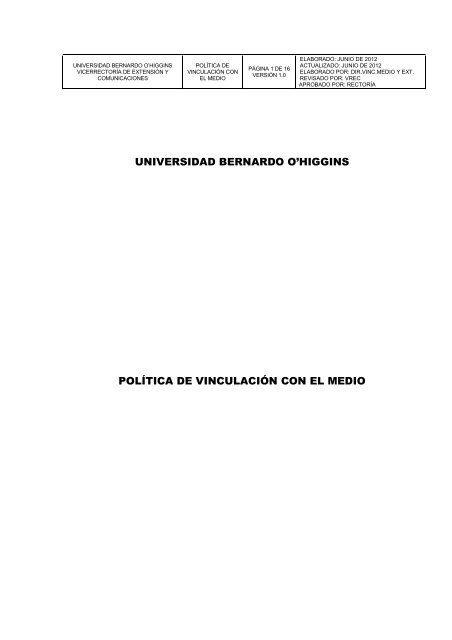 Política de Vinculación con el Medio - Universidad Bernardo O'Higgins