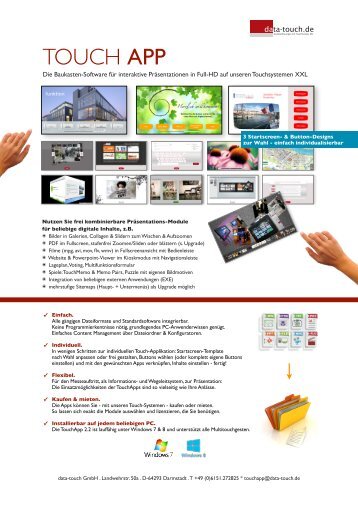 touch-app.de - Die Kiosksoftware für Touchscreen-Präsentationen mit 17 frei kombinierbaren Apps für vorhandene Medien