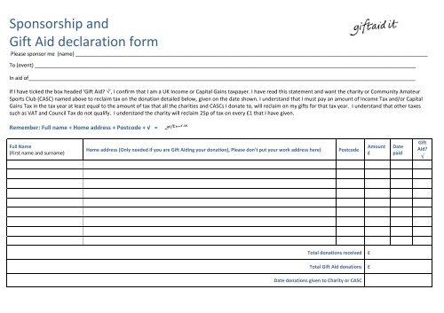 Sponsorship and Gift Aid declaration form (PDF 78K)
