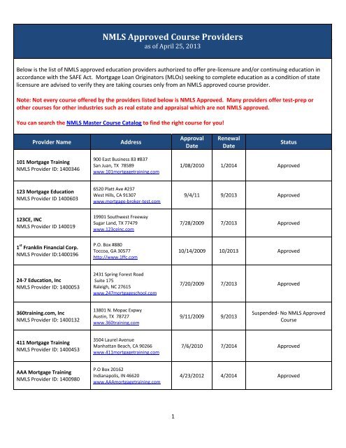 NMLS Approved Course Providers NMLS Resource Center NMLS Approved Course Providers NMLS Resource Center