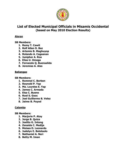 List of Elected Municipal Officials in Misamis Occidental - DILG 10