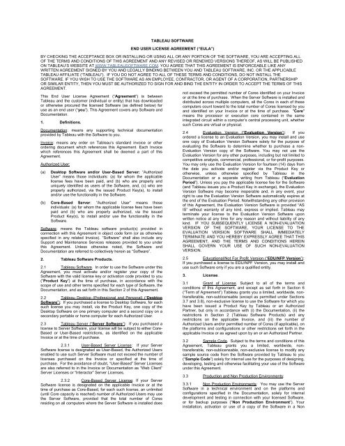 TABLEAU SOFTWARE END USER LICENSE AGREEMENT (“EULA ...