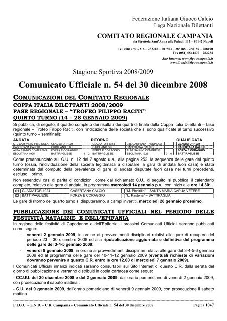 Comunicato Ufficiale n. 54 del 30 dicembre 2008 - Figc Campania