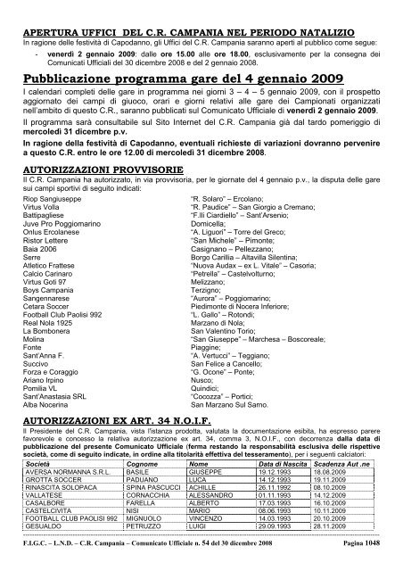 Comunicato Ufficiale n. 54 del 30 dicembre 2008 - Figc Campania