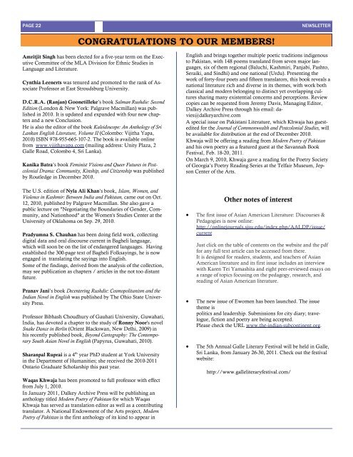 2010 Winter Newsletter - South Asian Literary Association