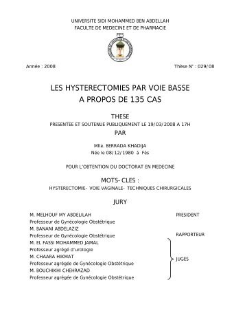 les hysterectomies par voie basse a propos de 135 cas - Faculté de ...