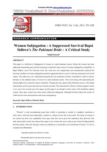 Women Subjugation : A Suppressed Survival Bapsi Sidhwa's The ...