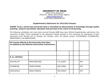 Supplementary Admissions for 2012/2013 Session - University of Mkar