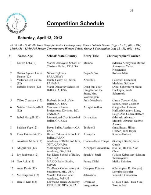 YAGP 2013 New York, NY – Program - Youth America Grand Prix