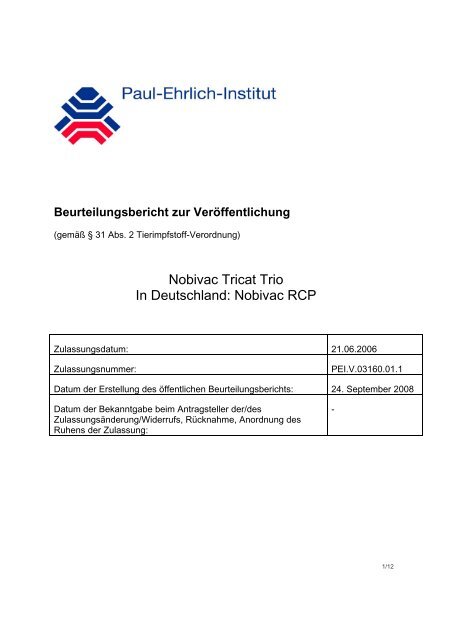Nobivac Tricat Trio In Deutschland: Nobivac RCP