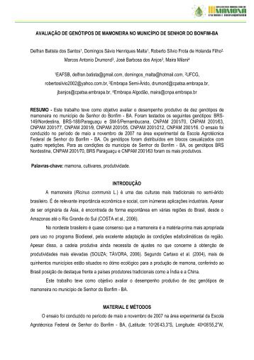 AVALIAÇÃO DE GENÓTIPOS DE MAMONEIRA ... - Embrapa Algodão