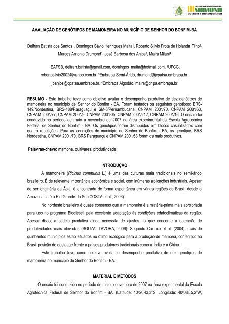 AVALIAÇÃO DE GENÓTIPOS DE MAMONEIRA ... - Embrapa Algodão