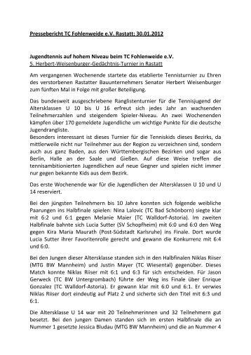 Pressebericht TC Fohlenweide e.V. Rastatt; 30.01.2012 ... - IntelliWebs