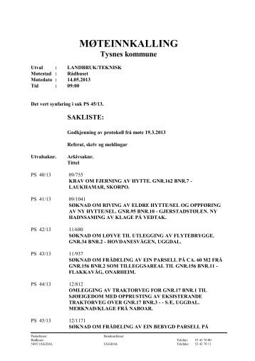 sakliste og sakspapir.pdf - Tysnes kommune