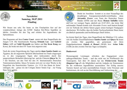 Newsletter 30.07.2011 - Cologne Junior Tennis Cup