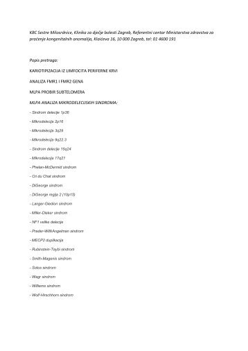 Popis pretraga koje se izvode u KBC Sestre milosrdnice, Klinika za ...