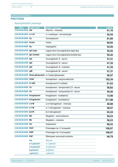 CJENIK PRETRAGA - Hrvatska komora medicinskih biokemičara