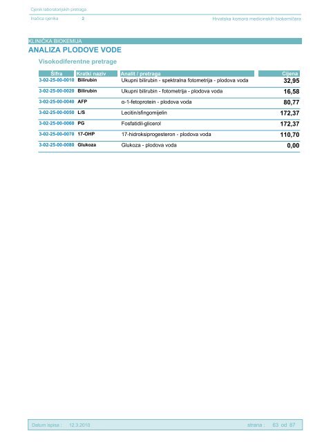 CJENIK PRETRAGA - Hrvatska komora medicinskih biokemičara