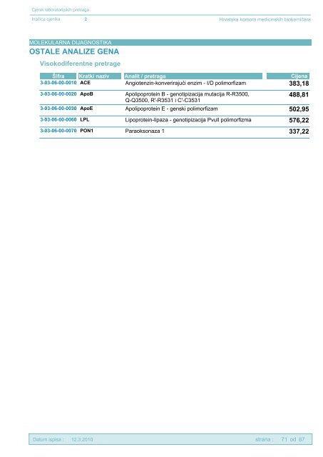 CJENIK PRETRAGA - Hrvatska komora medicinskih biokemičara