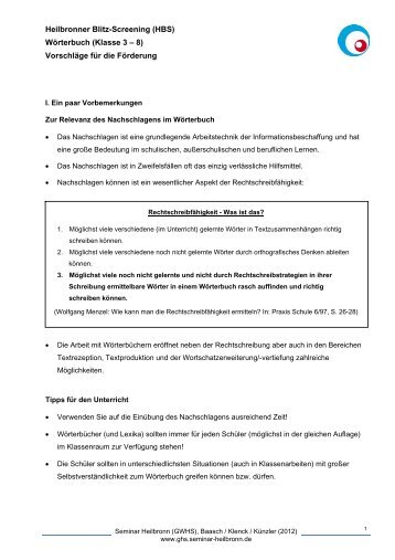 Heilbronner Blitz-Screening (HBS) Wörterbuch (Klasse 3 – 8 ...