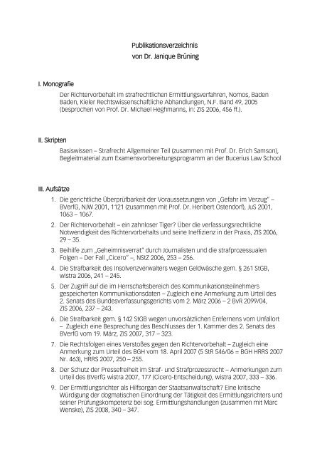 Publikationsverzeichnis von Dr. Janique Brüning - Bucerius Law ...