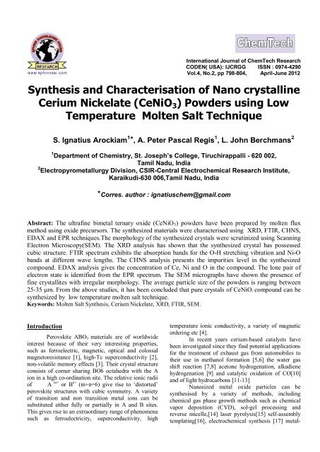 Synthesis and Characterisation of Nano crystalline Cerium Nickelate ...