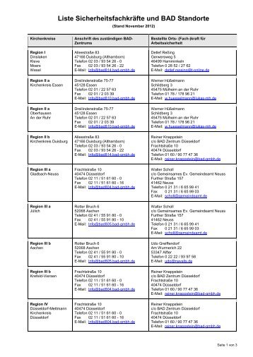 Liste Sicherheitsfachkräfte und BAD Standorte - arkk