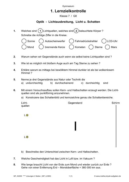 1. Lernzielkontrolle - Mathe-Physik-Aufgaben