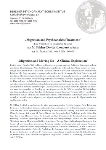 „Migration and Psychoanalytic Treatment“ mit M. Fakhry Davids ...