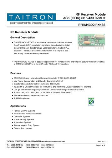 RFRM4302-RXN3S RF Receiver Module ASK (OOK) - Taitron ...