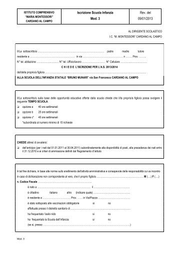 Modello per l'Iscrizione alla Scuola dell'Infanzia a.s. 2013/2014