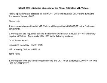 INOVIT 2013 - Selected students for the FINAL ... - VIT University