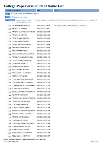 College-Paperwise Student Name List - Solapur University