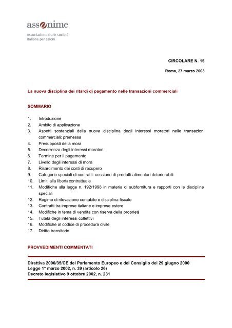 CIRCOLARE N. 15 La nuova disciplina dei ritardi di pagamento ...