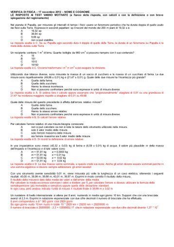 Testo della verifica di fisica con soluzione dei test e degli esercizi