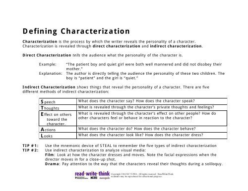 Defining Characterization Readwritethink