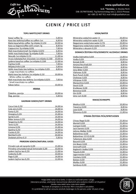 CJENIK / PRICE LIST - Caffe bar Spalladium Pirovac