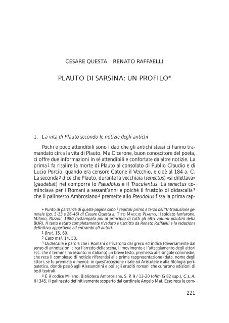 PLAUTO DI SARSINA: UN PROFILO* - Comune di Sarsina