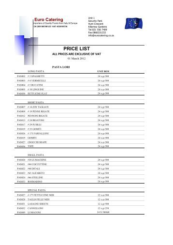 Product List - Euro Catering Services