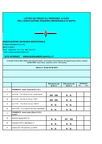 ultimo listino dei cereali - borsa merci napoli