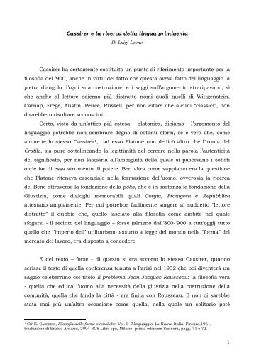 1 Cassirer e la ricerca della lingua primigenia Di ... - PoliticaMente